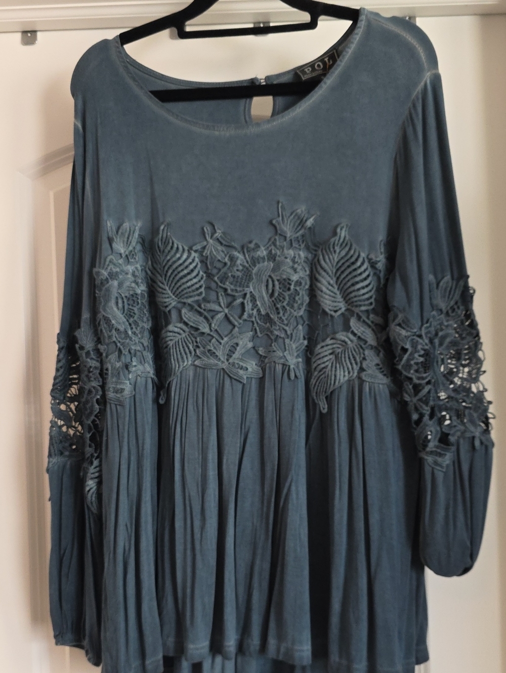 POL Slate Blue Floral Lace Tunic Top